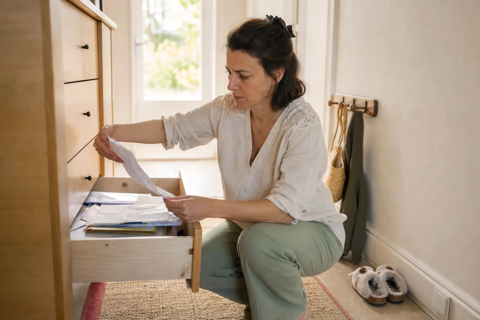 Assistante maternelle d’environ quarante deux ans accroupie devant un tiroir de commode ouvert, sortant des documents froissés et une attestation cornée pour les remettre en ordre.