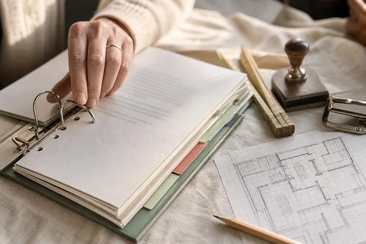 Gros plan d’un classeur ouvert montrant des intercalaires de couleur et des feuilles perforées, posé près d’un plan de maison dessiné au crayon et d’un tampon dateur